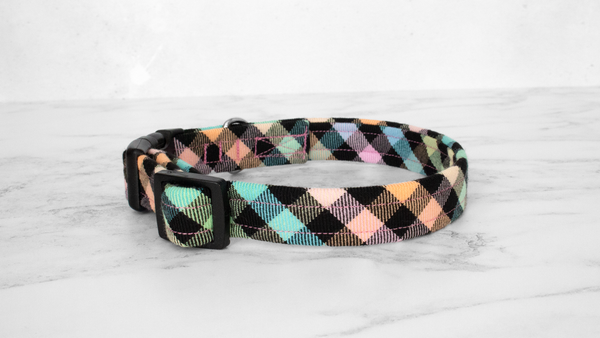 Dog Collar and Lead, Tartan with a Twist - Rainbow Checkerboard