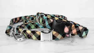 Dog Collar and Lead, Tartan with a Twist - Rainbow Checkerboard
