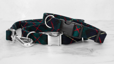 Dog Collar and Lead, Tartan with a Twist - Red and Yellow Line