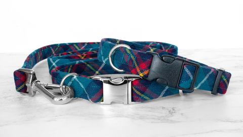 Dog Collar and Lead, Tartan with a Twist - Turquoise and Red