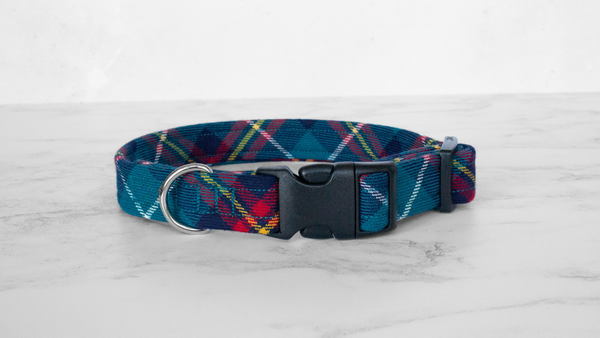 Dog Collar and Lead, Tartan with a Twist - Turquoise and Red