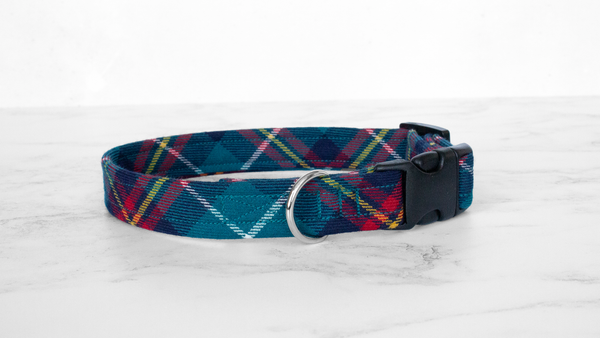 Dog Collar and Lead, Tartan with a Twist - Turquoise and Red