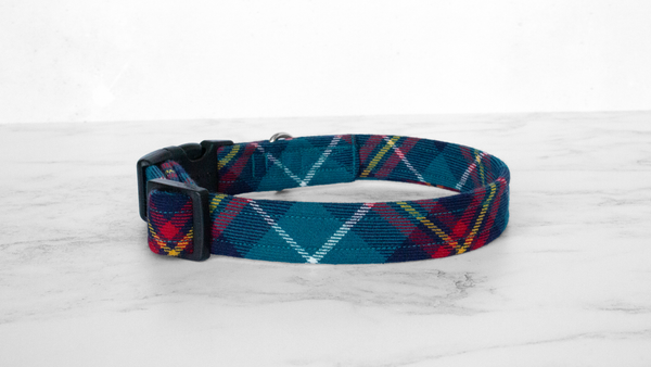 Dog Collar and Lead, Tartan with a Twist - Turquoise and Red