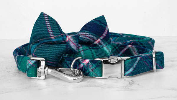 Dog Collar and Lead, Tartan with a Twist - Turquoise and Pink