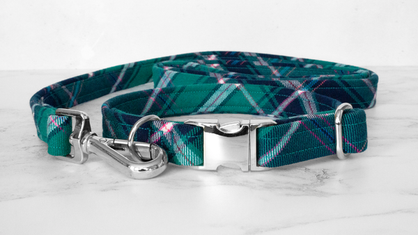 Dog Collar and Lead, Tartan with a Twist - Turquoise and Pink