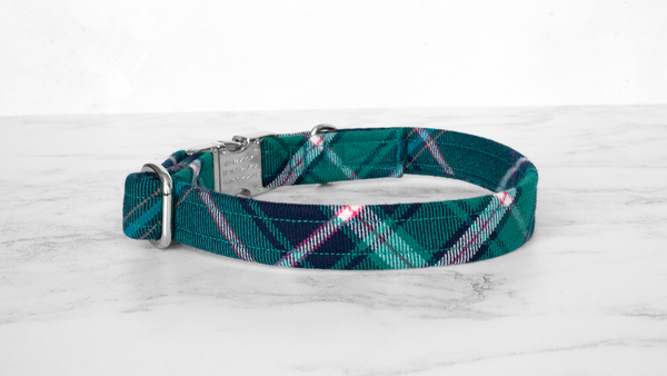 Dog Collar and Lead, Tartan with a Twist - Turquoise and Pink