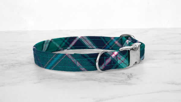 Dog Collar and Lead, Tartan with a Twist - Turquoise and Pink