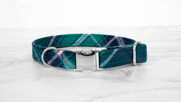 Dog Collar and Lead, Tartan with a Twist - Turquoise and Pink