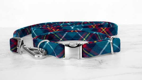 Dog Collar and Lead, Tartan with a Twist - Turquoise and Red