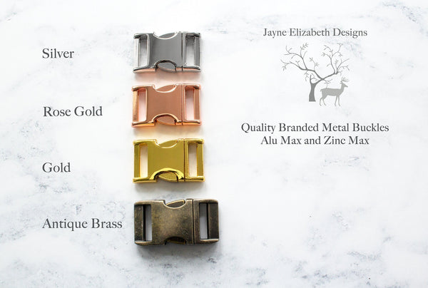 Nickel, Rose Gold, Gold and Antique Brass Side Release Buckles. Alu Max and Zinc Max