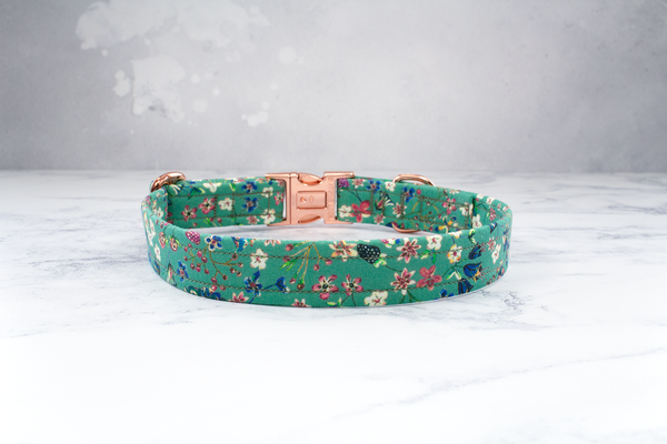 Dog Collar and Lead, handmade using Liberty of London, Tana Lawn. Rose Gold, Antique Brass and Silver Side Release Buckles